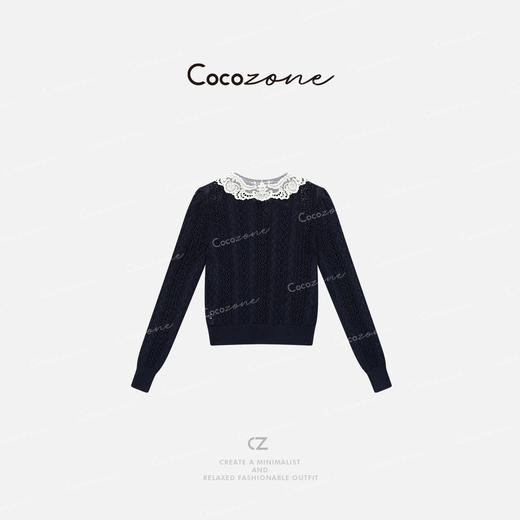 COCO ZONE 刘一一 法式镂空绞花拼接蕾丝翻领针织开衫CD1A0441 商品图1