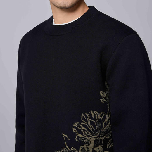 墨麦客男装新中式圆领针织衫男2024冬季新款牡丹刺绣套头男士毛衣 商品图3