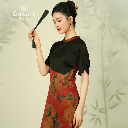 【红色复古花】【香云纱】乔万尼新款夏装重磅真丝连衣裙拼接复古印花桑蚕丝长裙ES2E123 商品图3