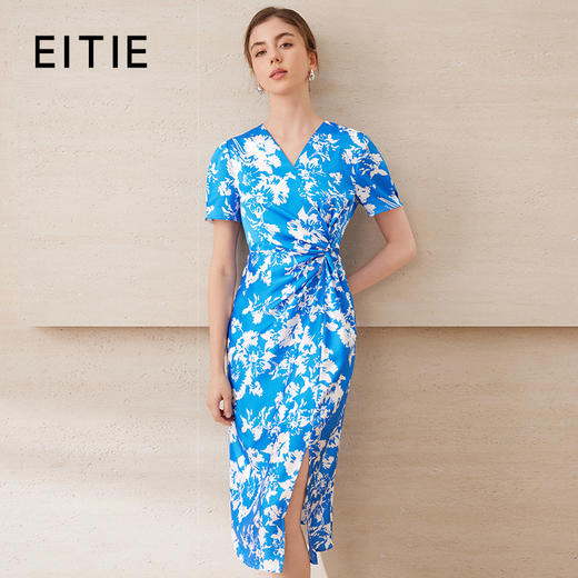 EITIE爱特爱夏装新款国风印花V领收腰开叉显瘦连衣裙2025夏季新款B2507634 商品图0