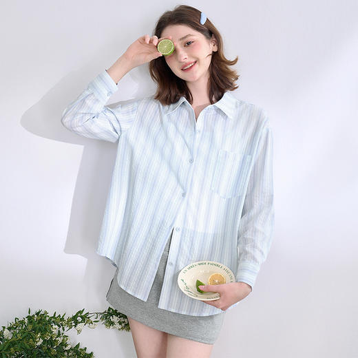 文艺感清爽撞色条纹长袖衬衫女2025春夏慵懒随性宽松衬衣V0850600 商品图0