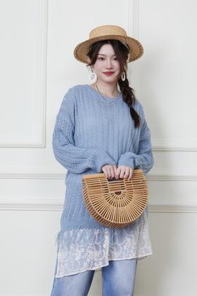 LNNNS 蓝色钩针镂空流苏针织衫 20127