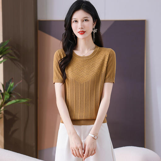 CC-101-359圆领冰丝短袖T恤女2025新款夏季修身显瘦针织衫薄款上衣 商品图1