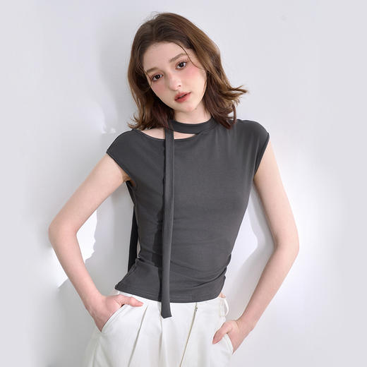 设计感气质镂空蝴蝶结绑带露肩针织无袖T恤女春夏背心V0650250/V0051018 商品图3