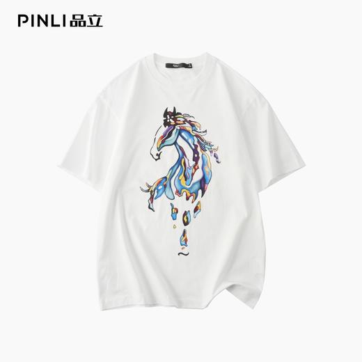 PINLI品立2025夏季新款彩色骏马烫画短袖T恤男士国潮休闲百搭上衣BG252111021 商品图3