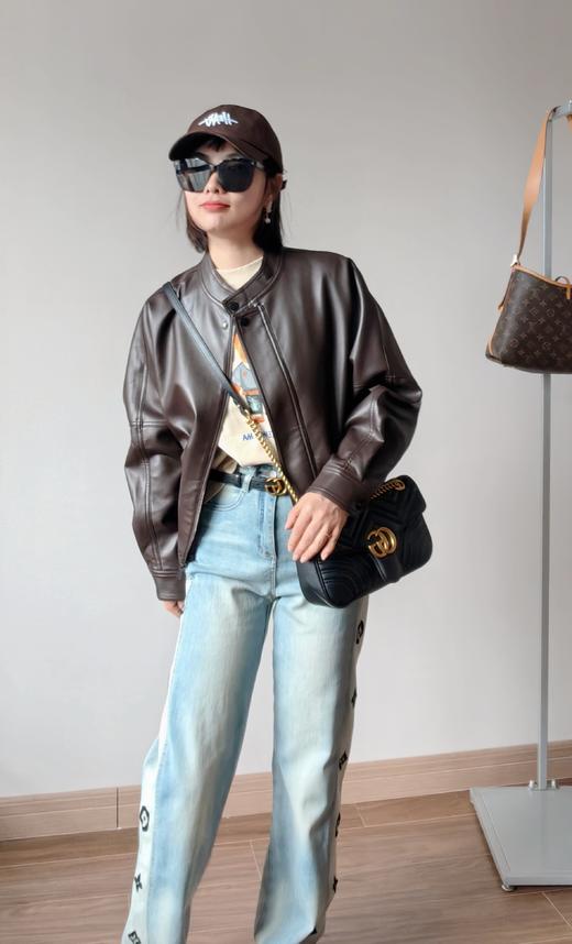 超细羊皮立领通勤休闲蝙蝠抽绳皮衣 美拉德咖 商品图6