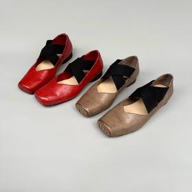 火桐hooton 方头芭蕾鞋复古交叉绑带平底单鞋 跟高3cmH2213