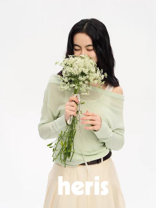 heris/H51105/空气感薄透针织 假两件露肩 天丝亚麻针织长袖上衣 商品图2