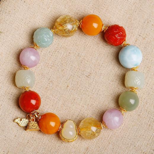 天然多宝水晶手链女金发晶海纹石和田玉紫锂辉银饰和田玉葫芦手串有证书 商品图0