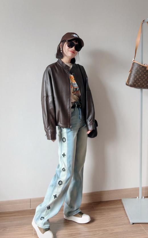 超细羊皮立领通勤休闲蝙蝠抽绳皮衣 美拉德咖 商品图7