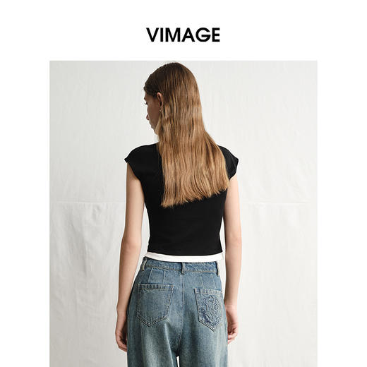 VIMAGE纬漫纪黑色短款美式辣妹简约百搭修身短袖T恤2025夏季新款V2302905 商品图4