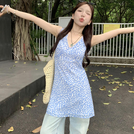 西遇波点衬衫上衣女夏季新款叠穿连衣裙收腰蓝色v领罩衫SS050460 商品图0