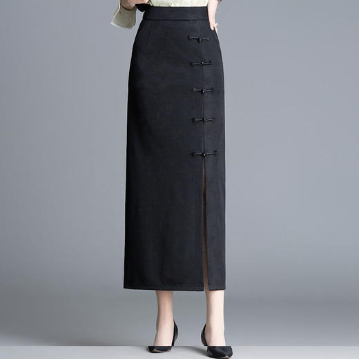 MYX-ZIY-1373-L时尚优雅显瘦黑色半身裙国风洋气包臀裙初夏新款高腰开叉直筒裙 商品图2