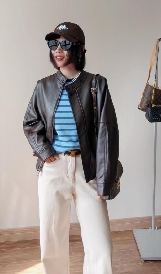 超细羊皮立领通勤休闲蝙蝠抽绳皮衣 美拉德咖 商品图2