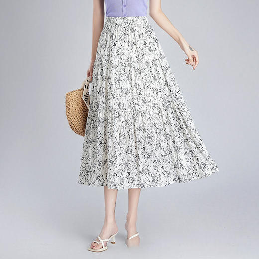 MYX-XBMY-A681-L中长款褶皱拼接时尚碎花裙松紧腰休闲洋气大摆裙春夏款垂感半身裙 商品图0