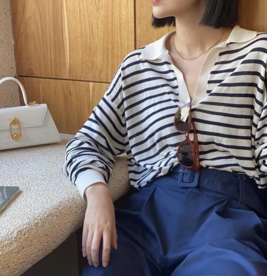 人手款！翻领条纹polo衫  桑蚕丝棉，超舒服！显瘦条纹针织衫 商品图0