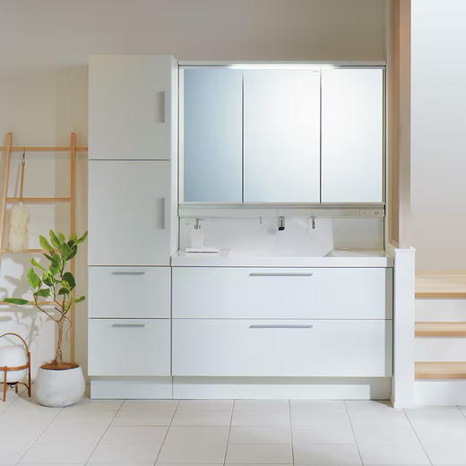 骊住Crevi新LC系列白色原木色双抽屉900/1000/1200化妆柜带三面镜柜浴室柜无触摸水龙头 商品图3