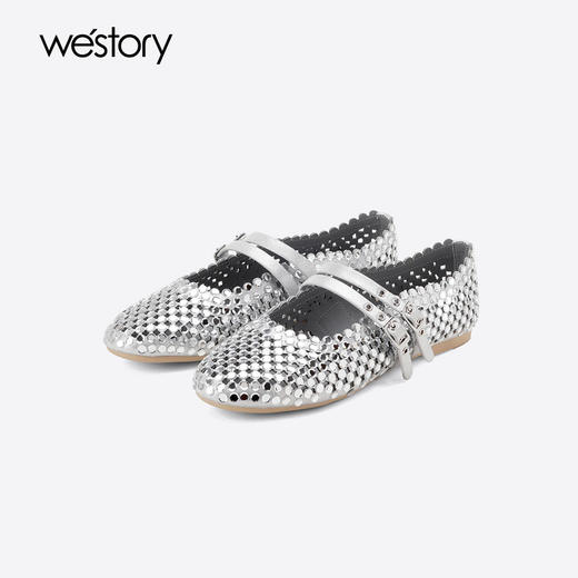 Westory2025年夏季冲孔镂空烫钻圆头平底单鞋空凉鞋W25AH58321 商品图1