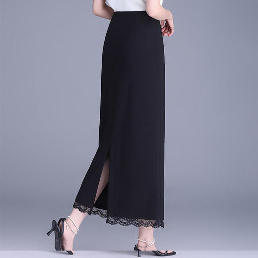 MYX-QM-8590-L蕾丝边拼接显瘦黑色直筒裙长款修身开叉包臀裙春夏新款高腰半身裙 商品图2