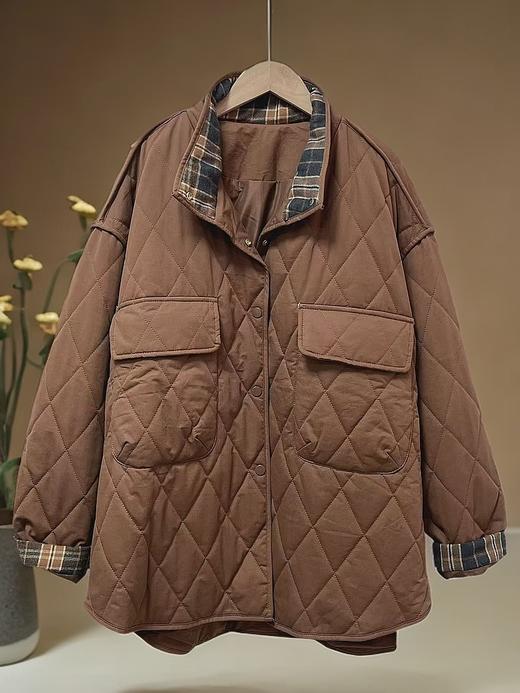 太划算了！！休闲宽松版-2700格子口袋中长绗缝夹棉外套-喜出 商品图2