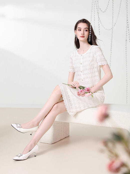 全新升级【铂金会员220/天猫299/差价79】(99705) 2025春夏新款气质名媛风杏色蕾丝小香风连衣裙假两件 商品图2