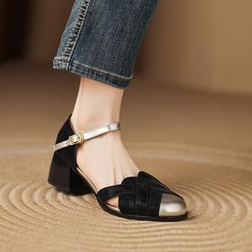 【预售5天】夏季时尚豹纹牛皮拼色粗跟罗马凉鞋女LD&7328