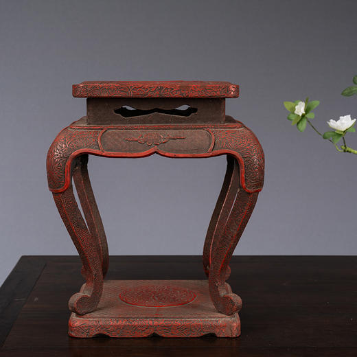 清 剔红花鸟纹三弯腿带托泥香几摆件 商品图0