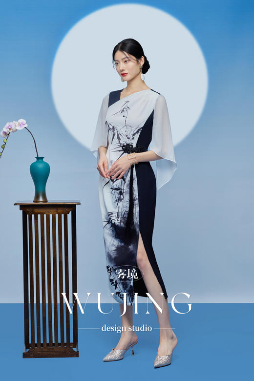 3205137 晚风听竹 进口蜂窝缎/韩国进口水晶乔其纱连衣裙 雾境 商品图5