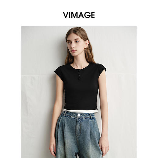 VIMAGE纬漫纪黑色短款美式辣妹简约百搭修身短袖T恤2025夏季新款V2302905 商品图3