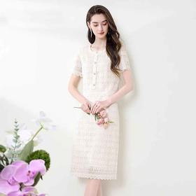 全新升级【铂金会员220/天猫299/差价79】(99705) 2025春夏新款气质名媛风杏色蕾丝小香风连衣裙假两件