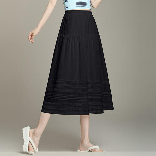 MYX-YZM-6925-L褶皱拼接镂空时尚半身裙松紧腰垂感修身A字裙初夏款中长款半身裙 商品图1