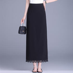 MYX-QM-8590-L蕾丝边拼接显瘦黑色直筒裙长款修身开叉包臀裙春夏新款高腰半身裙