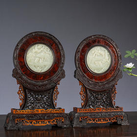 清 红木及黄杨木镶瘿木嵌玉雕山水人物圆形插屏（一对）