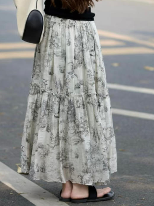 【百图lulu定制】【墨云半裙】行云流水 水墨画 宽松荷叶边带腰带 印花半裙 商品图1