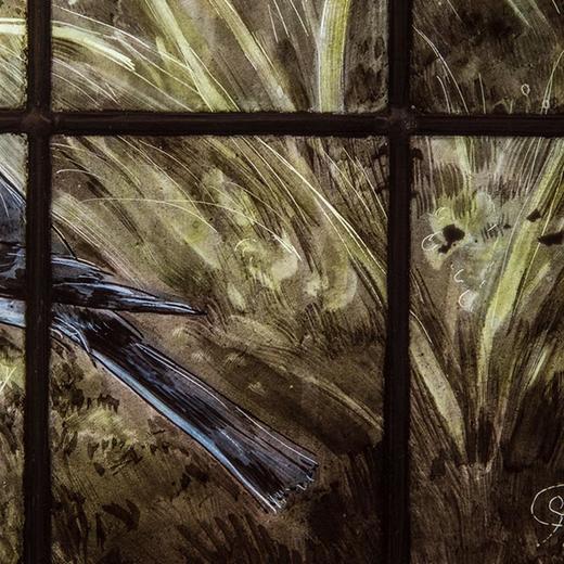 独角鹿西洋古董 1894年法国新艺术时期Pradal签名出品水岸鸢尾雀鸟主题彩绘玻璃花窗 商品图5