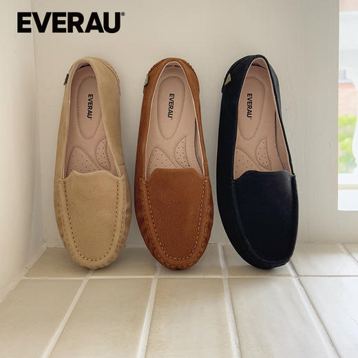 EVERAU新款头层磨砂牛皮面亲肤透气经典舒适女士豆豆鞋EA1024 商品图0