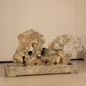 清 太湖石赏石及汉白玉卷草纹石盆