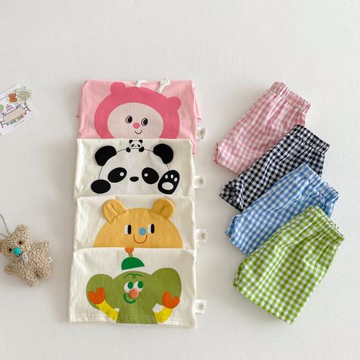 【清凉舒适，时尚百搭】儿童卡通套装2025新款夏季 女童洋气短袖T恤薄款 男童格子短裤两件套-QQ 商品图1