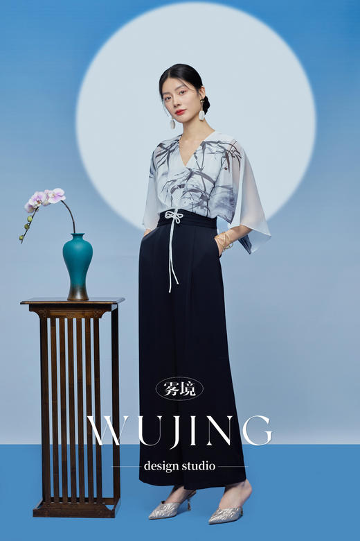 3205134 晚风听竹 进口蜂窝缎/韩国进口水晶乔其纱连体裤 雾境 商品图4