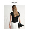 VIMAGE纬漫纪度假风黑色斜肩设计感修身显瘦短袖T恤2025夏季新款V2302904 商品缩略图4