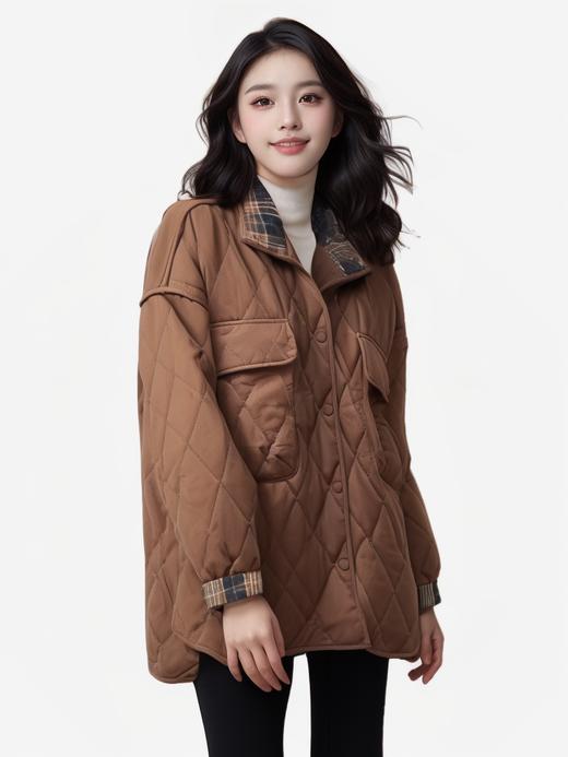 太划算了！！休闲宽松版-2700格子口袋中长绗缝夹棉外套-喜出 商品图0