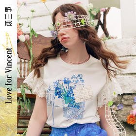 两三事梵高文艺南鸢絮语2025夏新款小清新印花蕾丝拼接短袖t恤女
