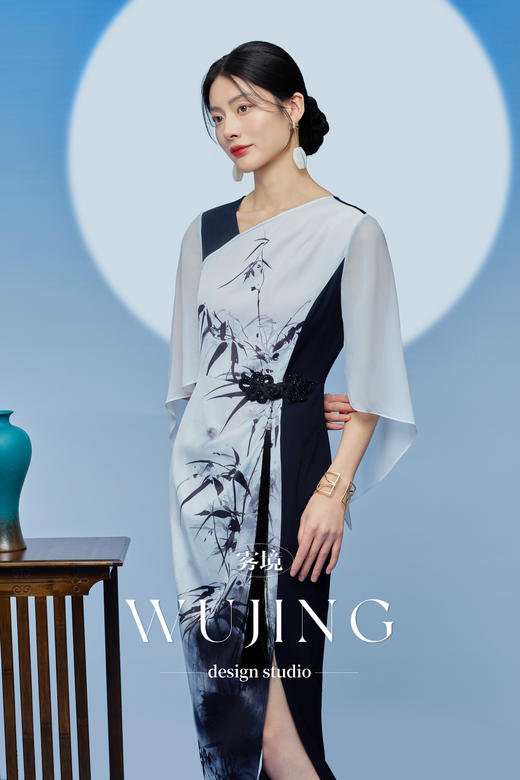 3205137 晚风听竹 进口蜂窝缎/韩国进口水晶乔其纱连衣裙 雾境 商品图4