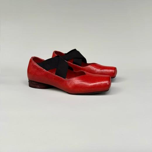 火桐hooton 方头芭蕾鞋复古交叉绑带平底单鞋 跟高3cmH2213 商品图2