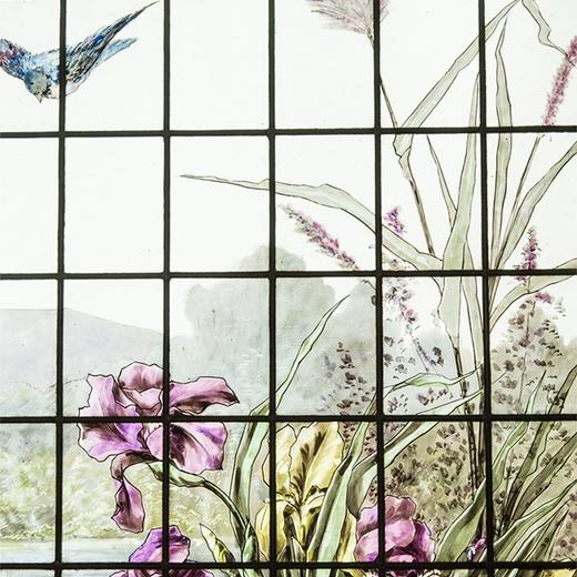 独角鹿西洋古董 1894年法国新艺术时期Pradal签名出品水岸鸢尾雀鸟主题彩绘玻璃花窗 商品图2