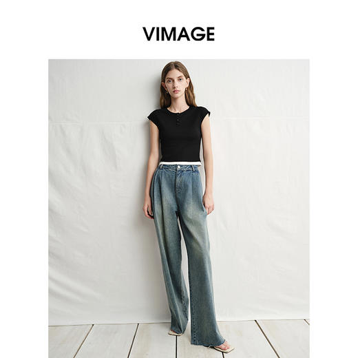 VIMAGE纬漫纪黑色短款美式辣妹简约百搭修身短袖T恤2025夏季新款V2302905 商品图2