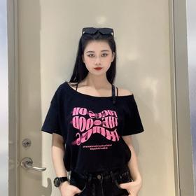 MZ漏肩印字母短袖小衫（黑）夏季152020030321