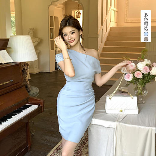 西遇法式紧身包臀裙女夏季新款高级感收腰斜肩宴会连衣裙SS050478 商品图0