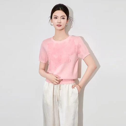 【高货wl】全新升级【铂金会员165/天猫219/差价54】(93154) 洛诗琳高级感时髦洋气雅致立体花瓣圆领短袖针织衫上衣女 商品图0