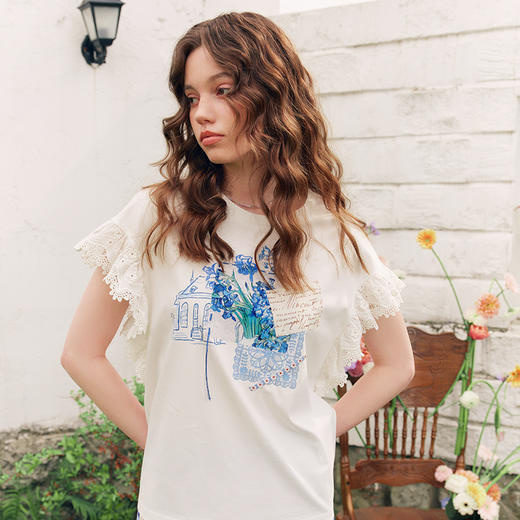 两三事梵高文艺南鸢絮语2025夏新款小清新印花蕾丝拼接短袖t恤女 商品图2